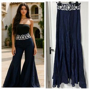 De Castro Navy Blue Mermaid Wide Leg Linen Trousers with embroidered waistband S